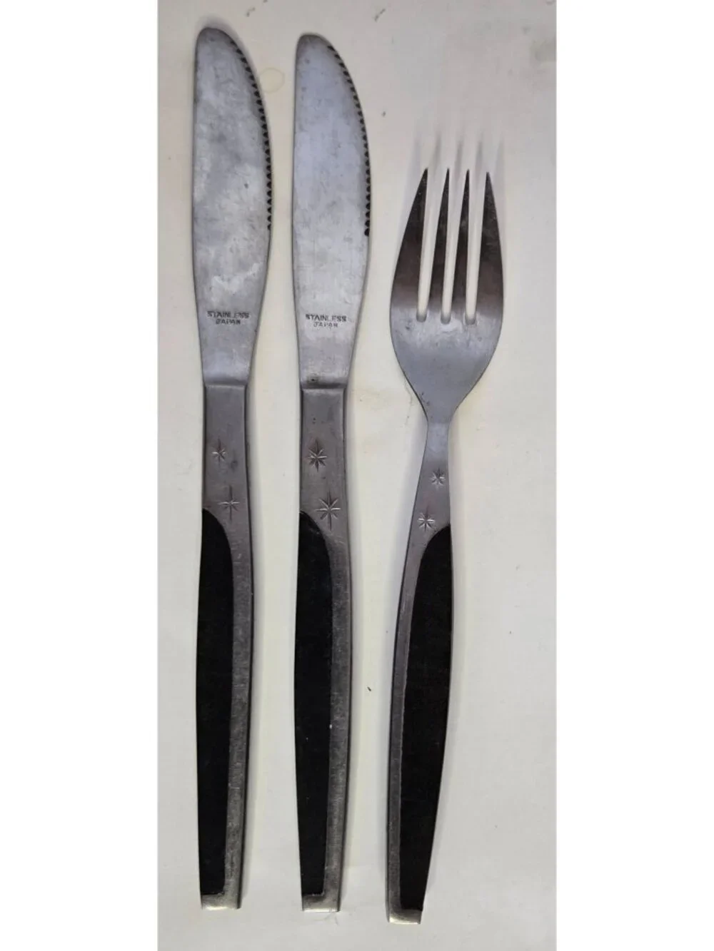 Vintage Mar-Crest Ebony Elegance Stainless Steel Flatware Atomic 2 Stars MCM